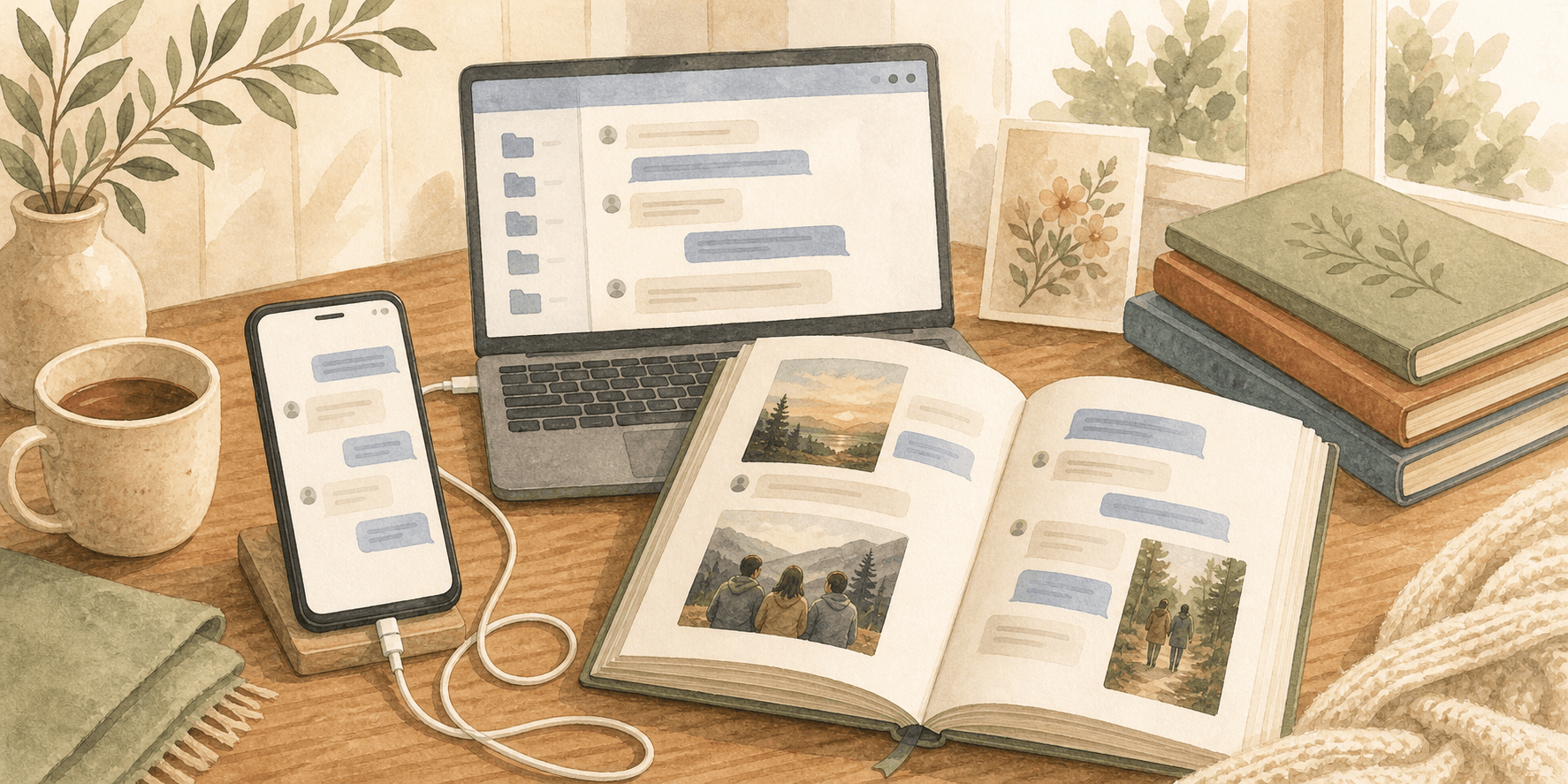 Illustration of Android text messages becoming a keepsake book