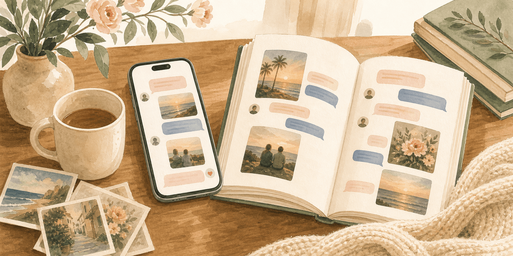 Illustration of Instagram direct messages becoming a keepsake book