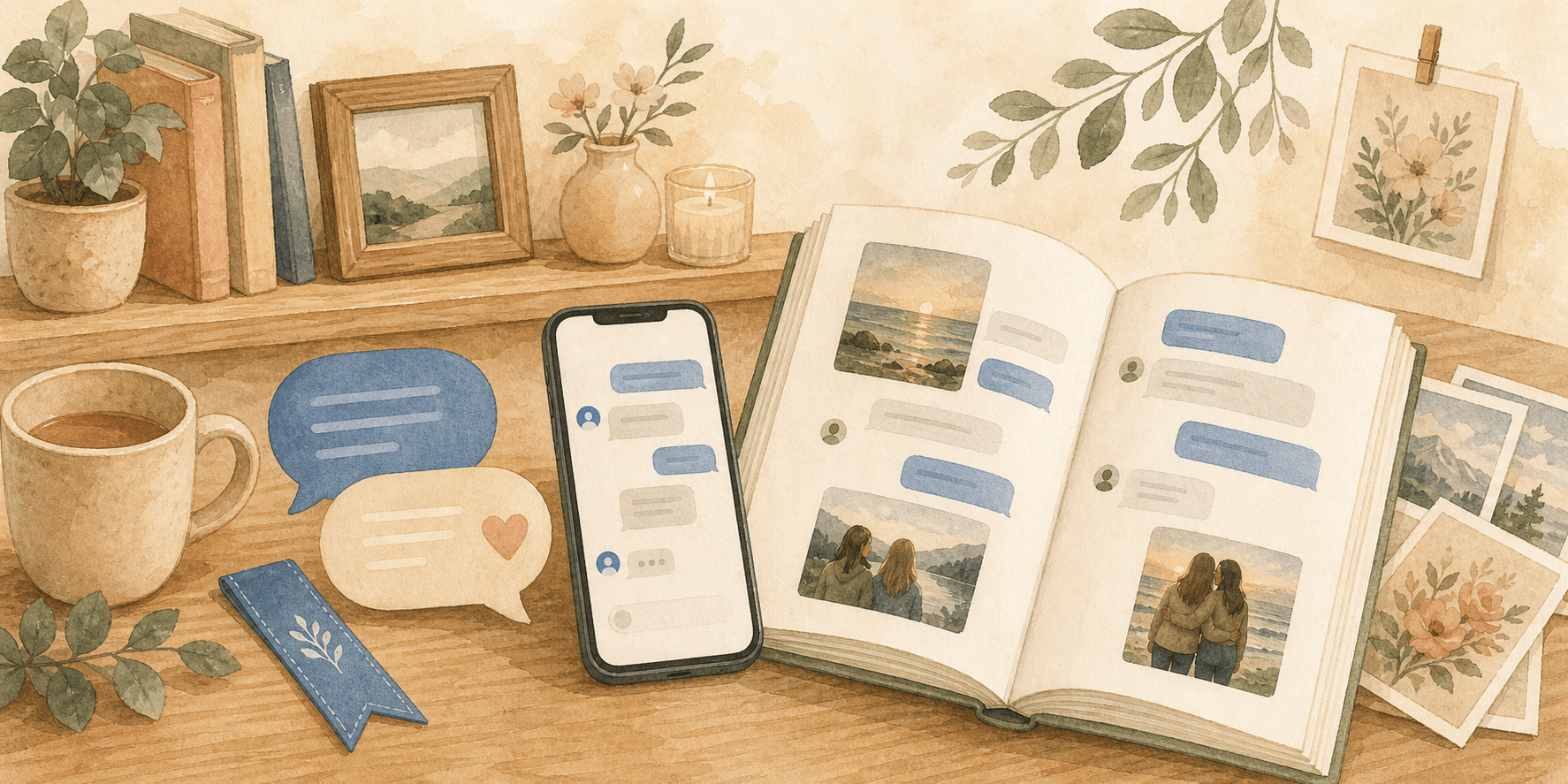 Illustration of a Messenger conversation becoming a keepsake book