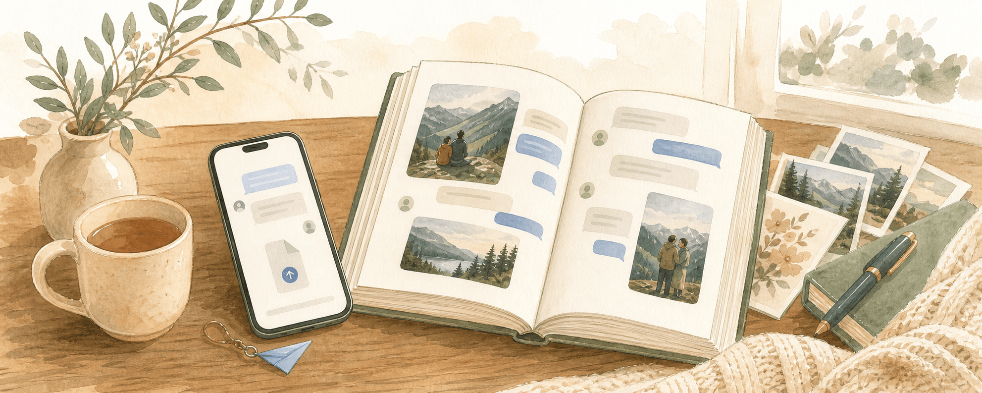 Illustration of a Telegram chat export becoming a keepsake book