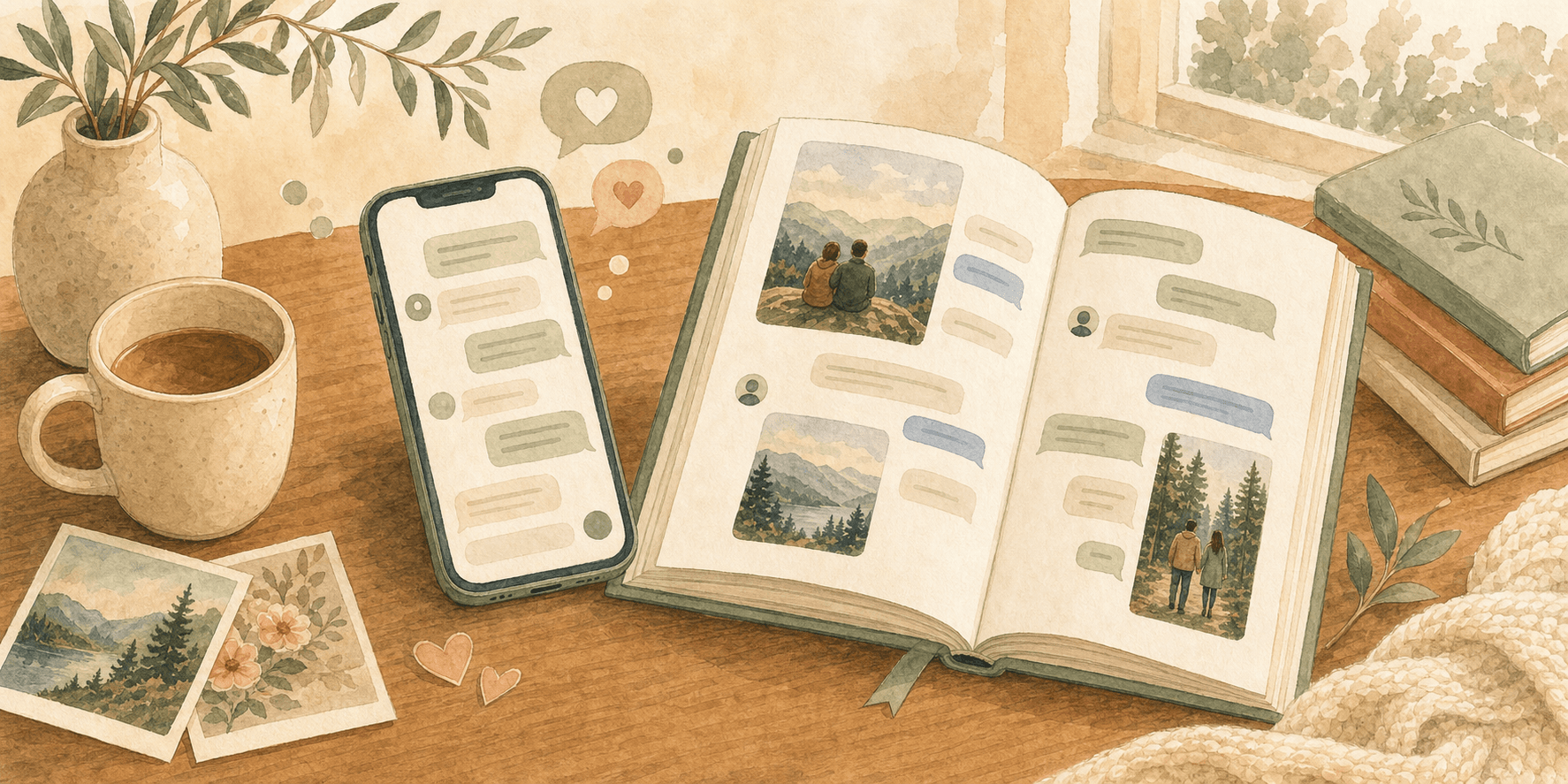 Illustration of WhatsApp messages becoming a keepsake book