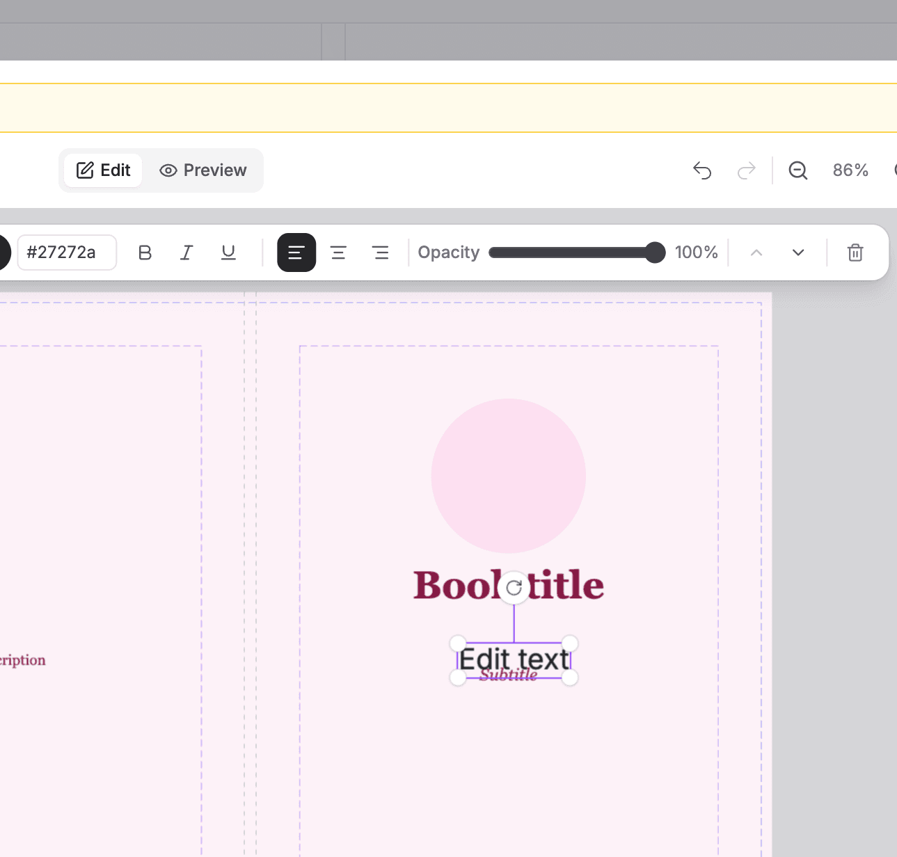 The inspector panel with styling controls for a selected cover element