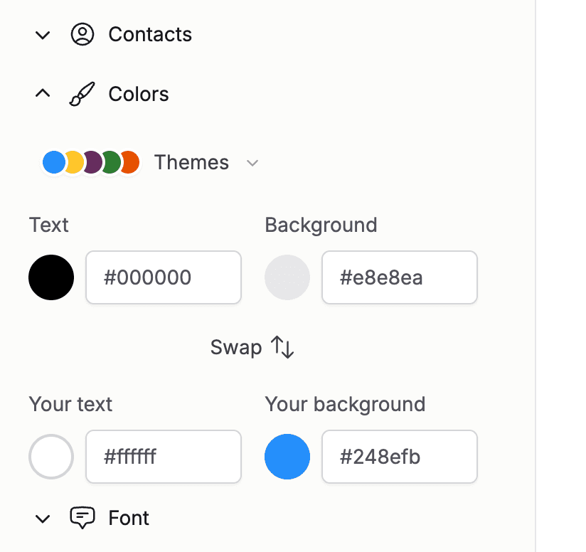 The Colors section with preset themes and custom color swatches
