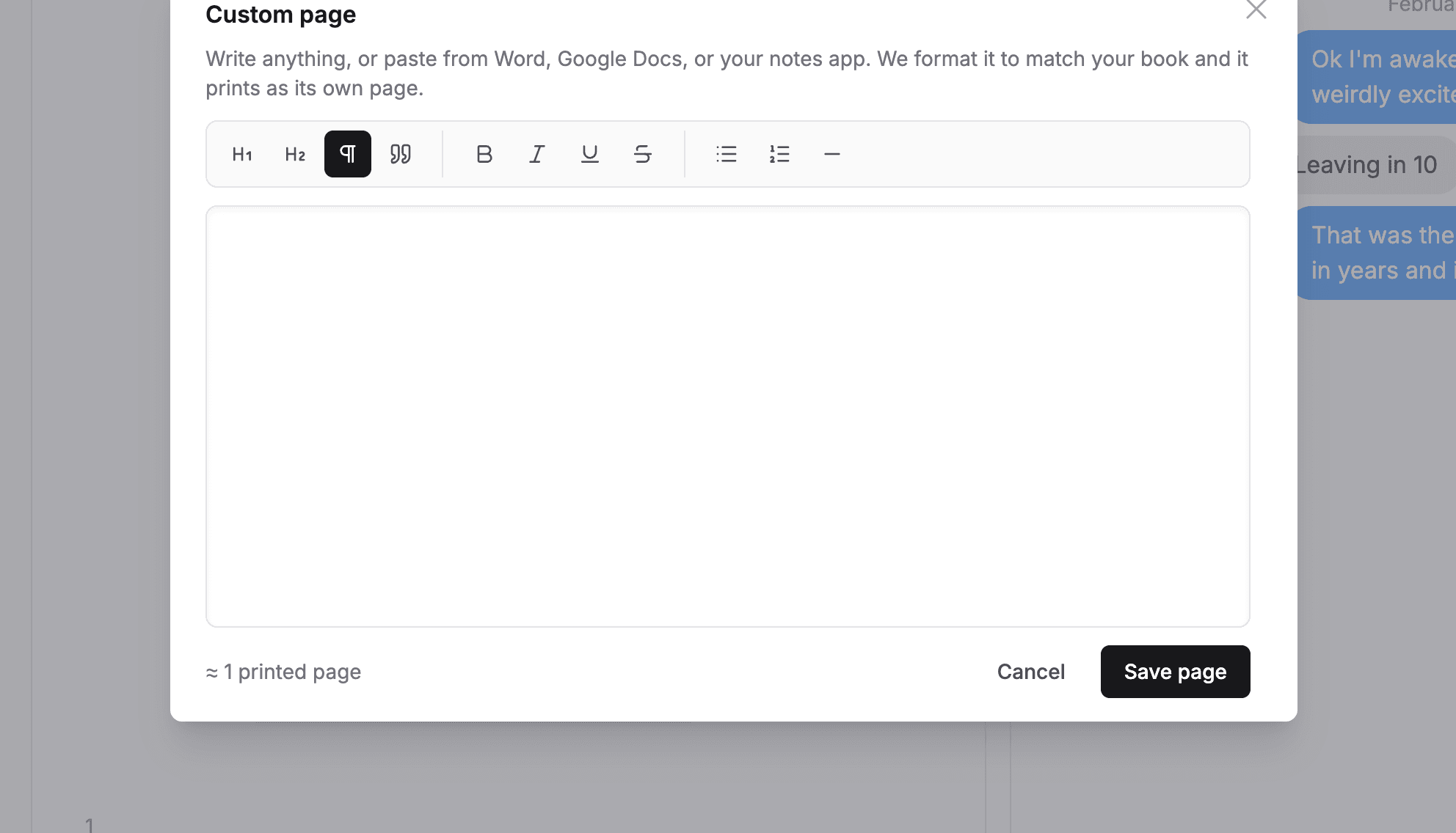 The custom page editor with its formatting toolbar
