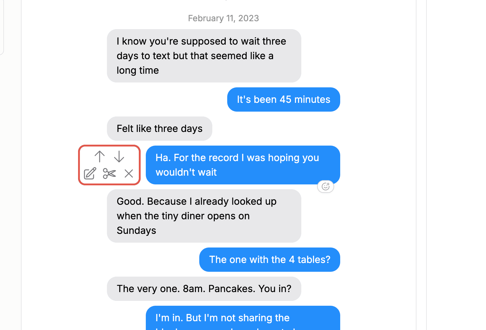 The hover toolbar on a message with insert, edit, cut, and delete actions
