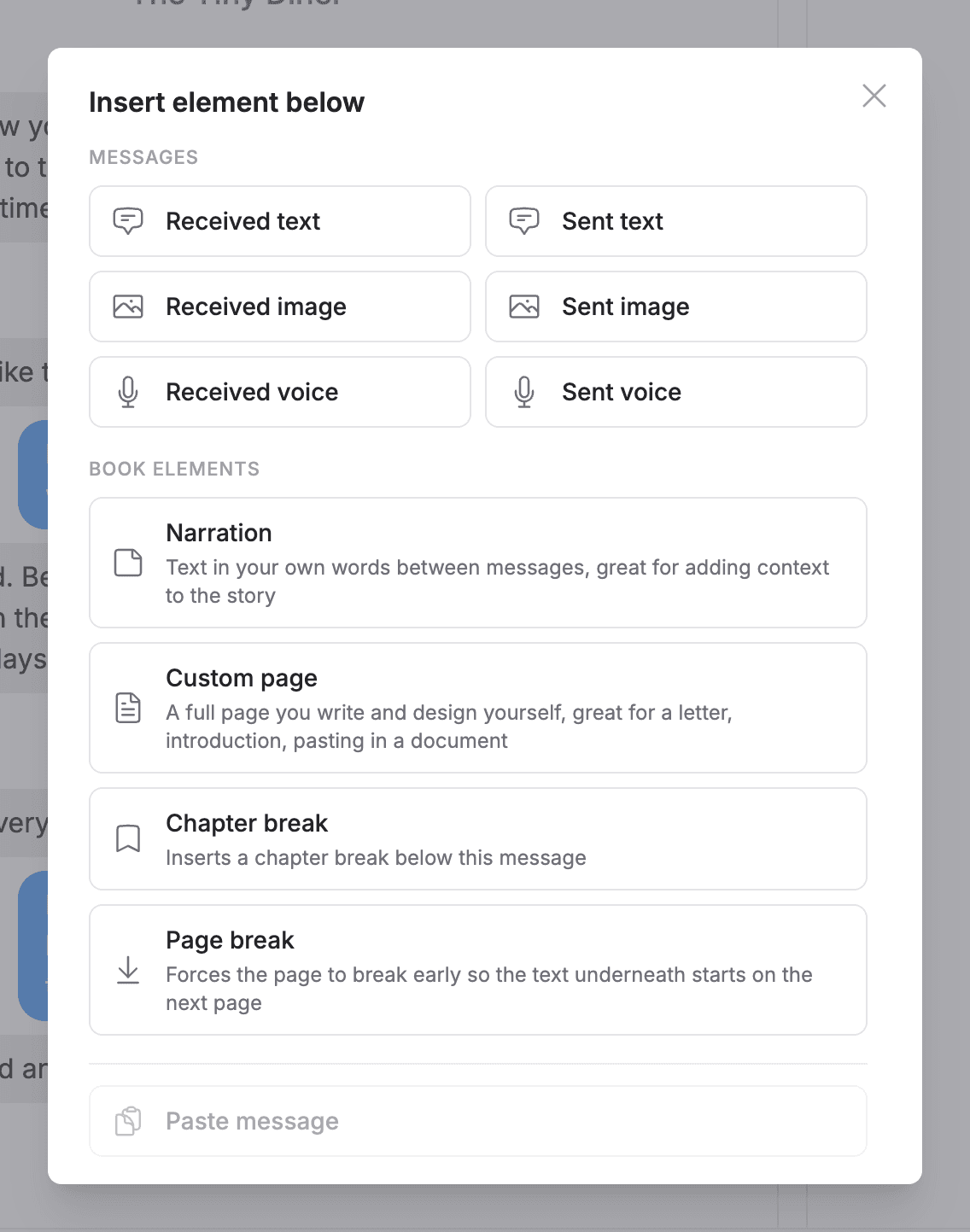 The insert element modal with message types and book elements
