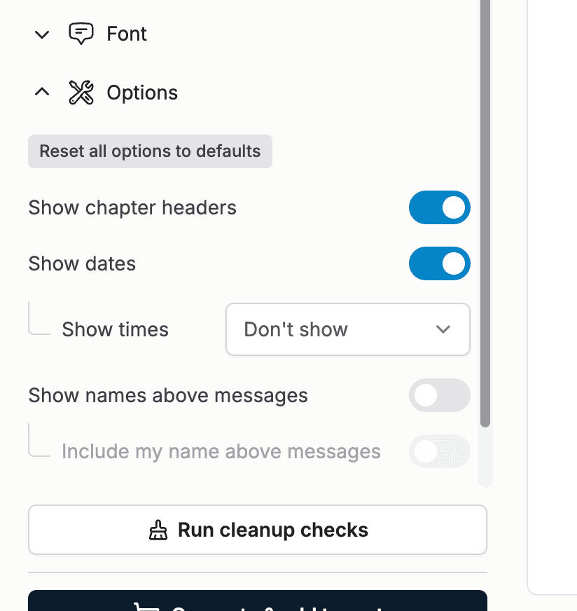 The Options section with its display toggles