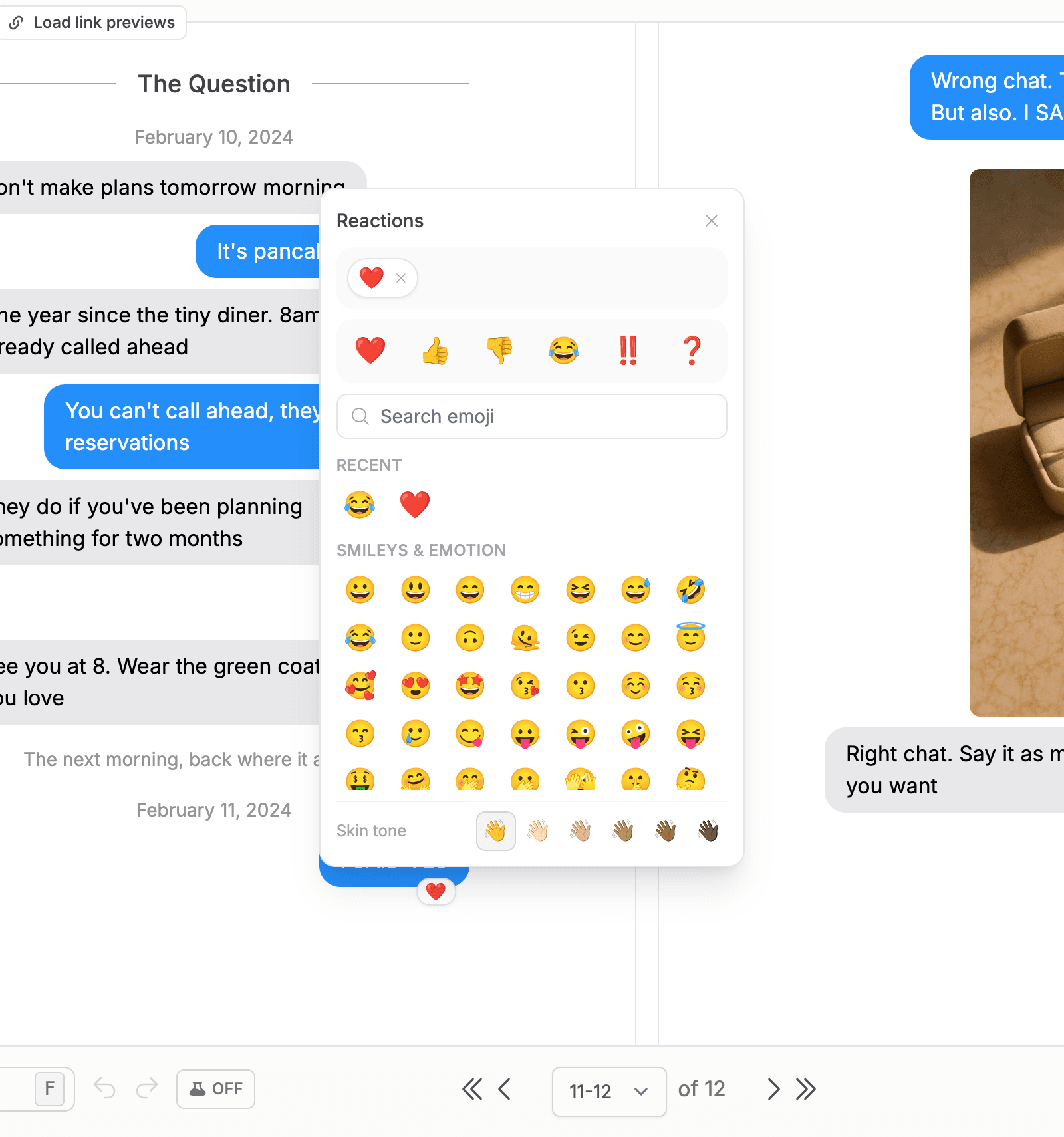 The reaction picker open under a message bubble