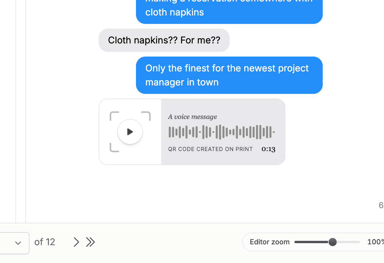 A voice message in the editor with a waveform and the QR code caption