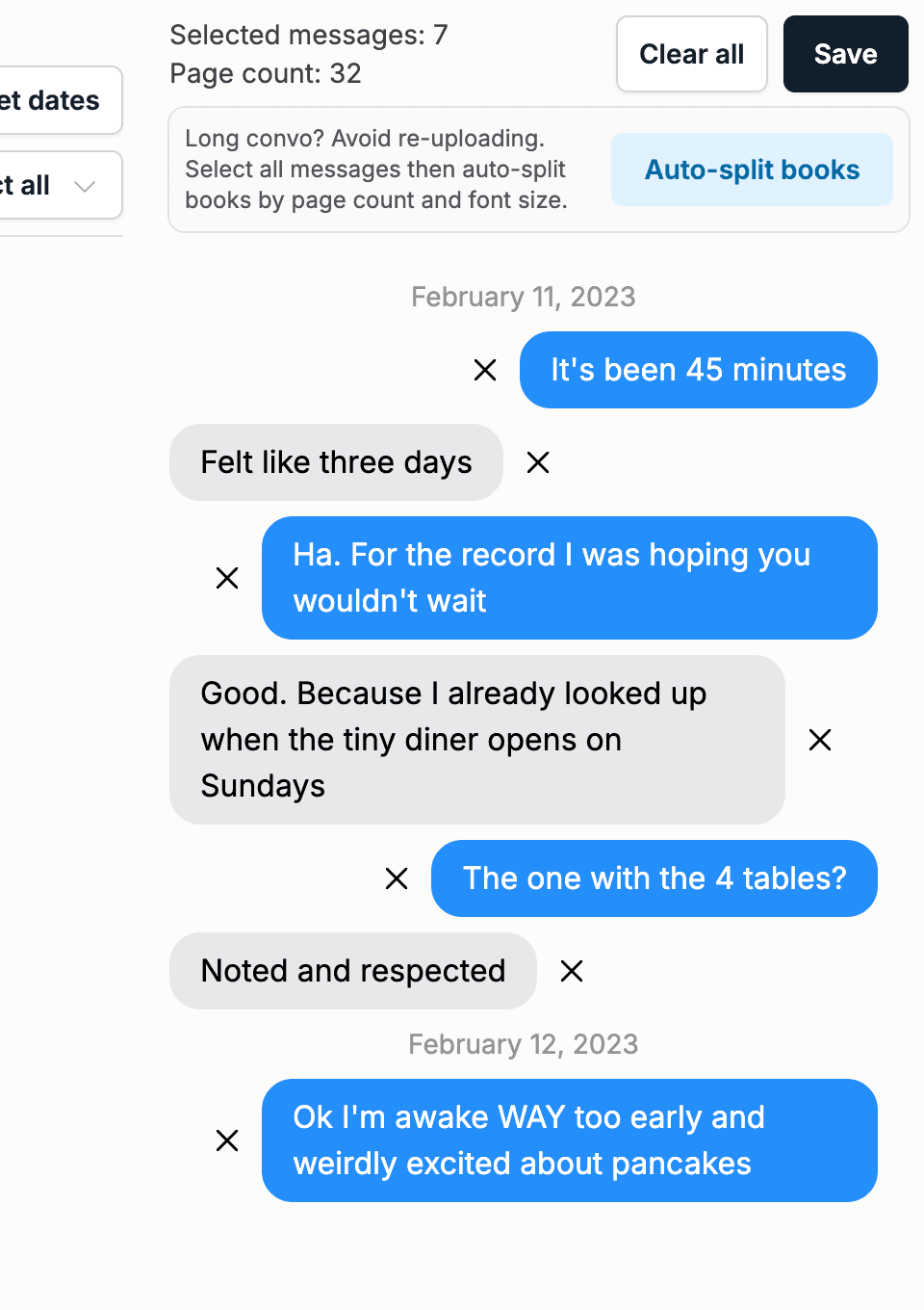 The selected messages panel with the page count and Save button