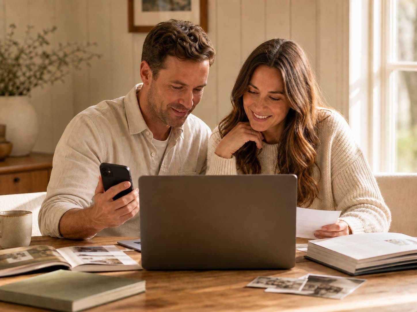 Two people looking at a phone while designing a keepsake book on a laptop