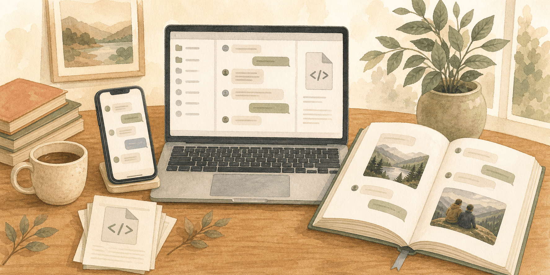 Illustration of an Android SMS backup file becoming a keepsake book