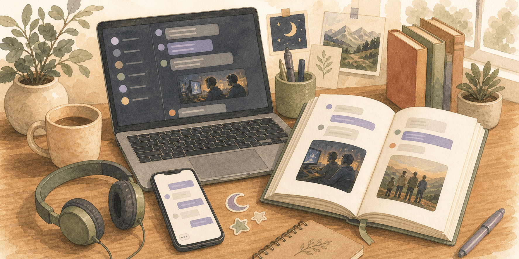 Illustration of a Discord chat export becoming a keepsake book