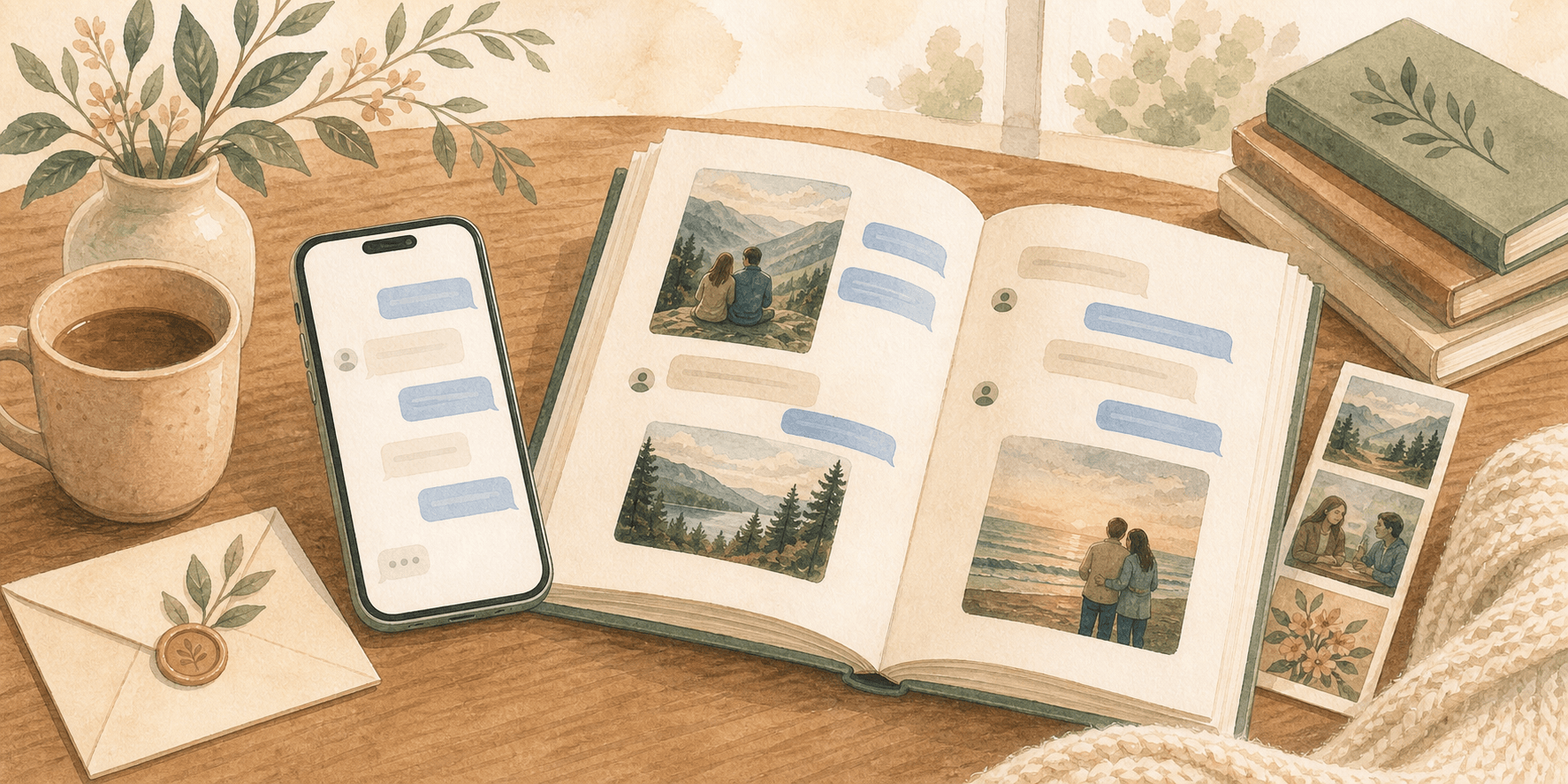 Illustration of iPhone text messages becoming a keepsake book