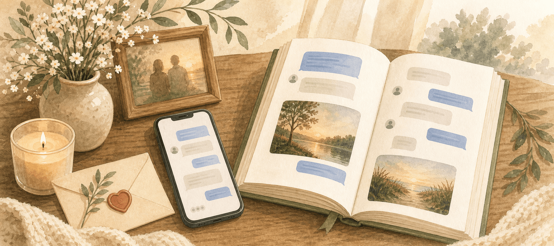 Illustration of saved text messages from a loved one arranged as a memorial keepsake book