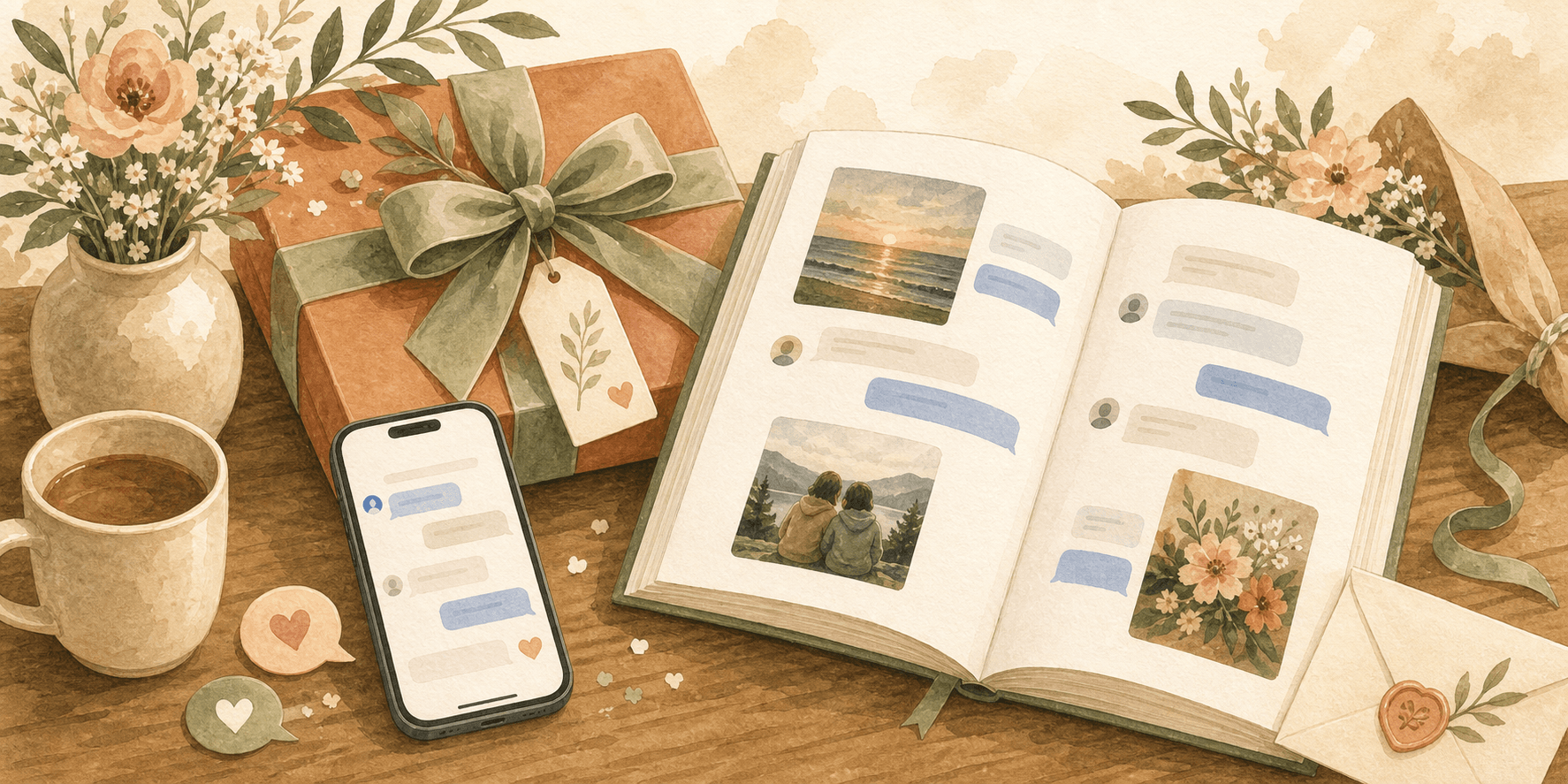 Illustration of a text message keepsake book wrapped as a gift