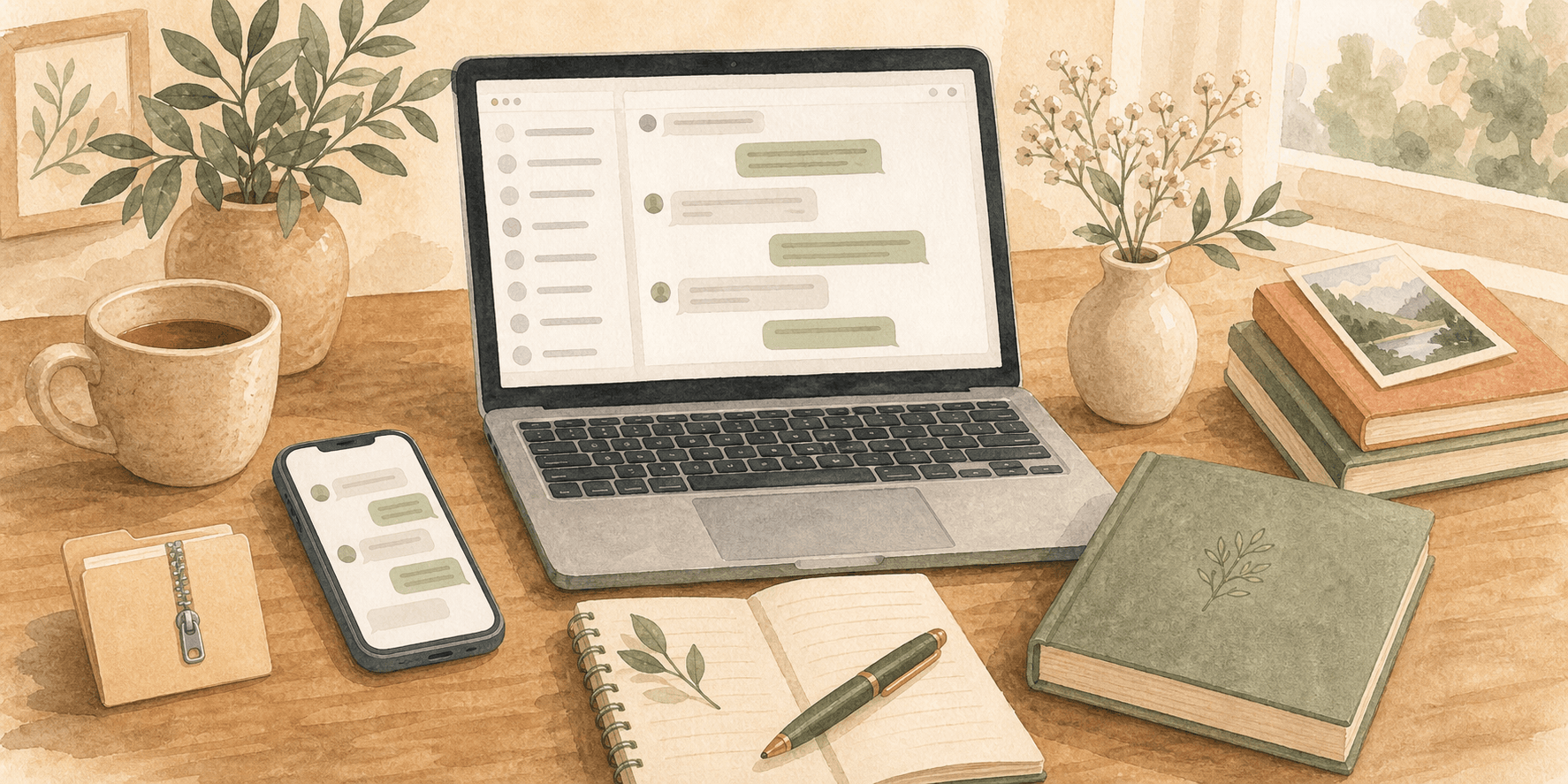 Illustration of a WhatsApp export file preview beside a keepsake book