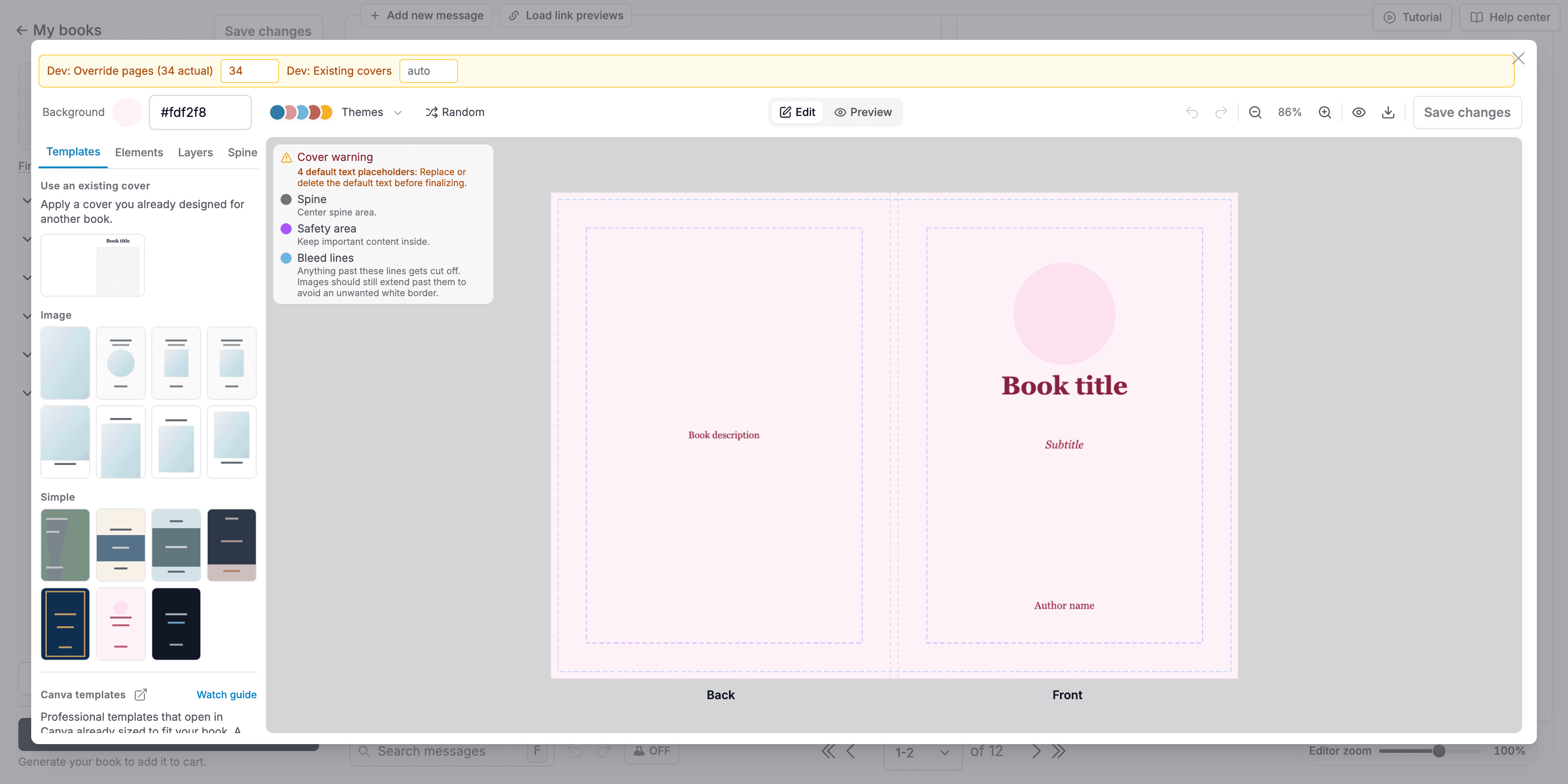 The cover designer with its canvas, sidebar tabs, and toolbar