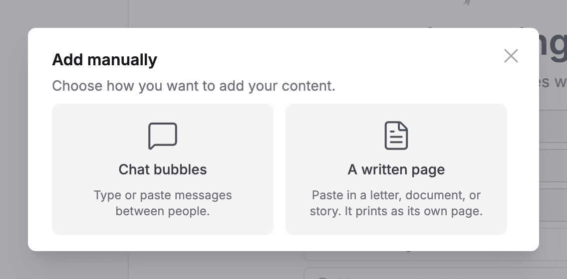 The Add manually window with chat bubbles and written page options