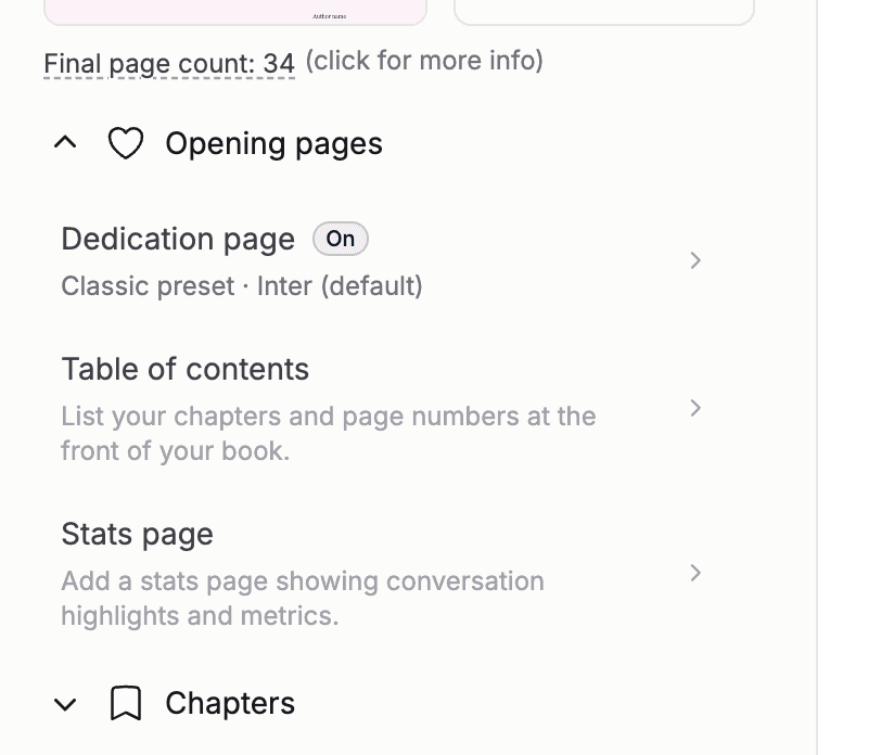 The Opening pages section with dedication, table of contents, and stats rows