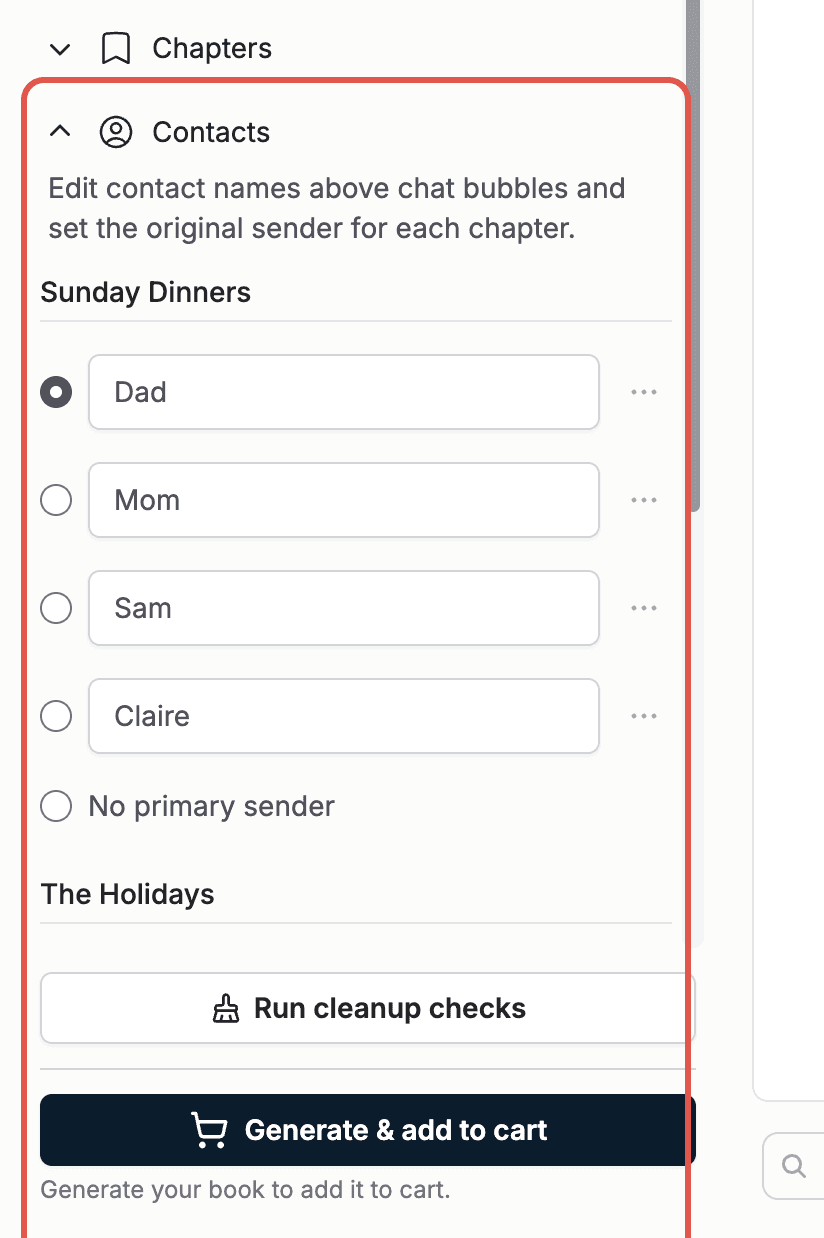 The Contacts section with editable name fields and the primary sender choice