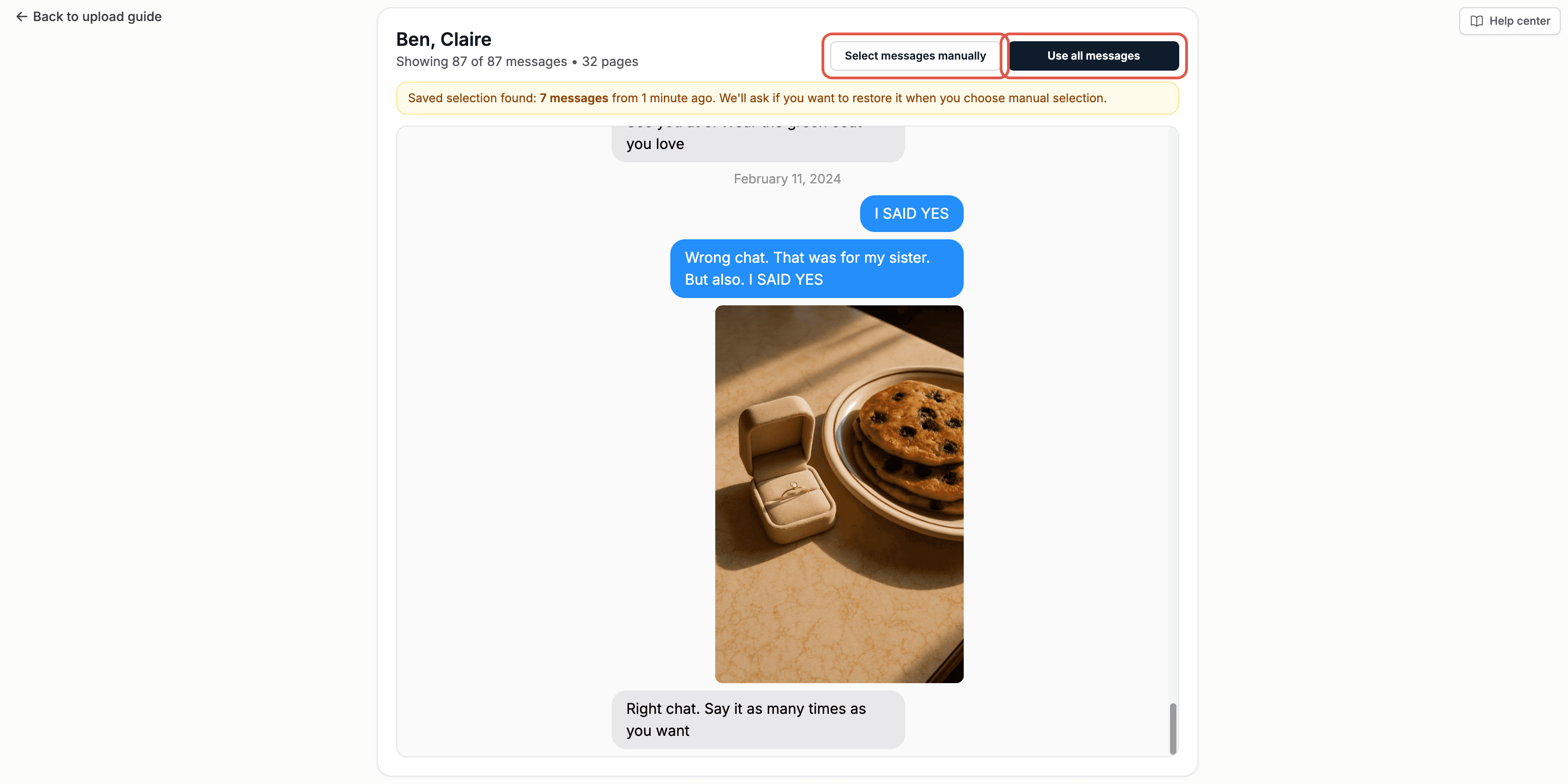 The choice between selecting messages manually and using all messages after an upload
